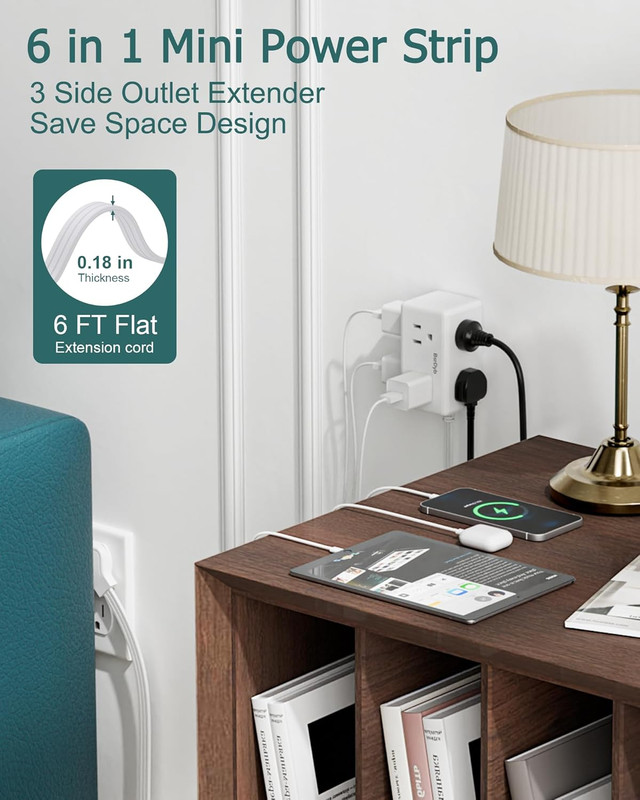 Flat Plug Power Strip 6 Ft, Ultra Flat Extension Cord with 6 Outlets Extender, N gallery