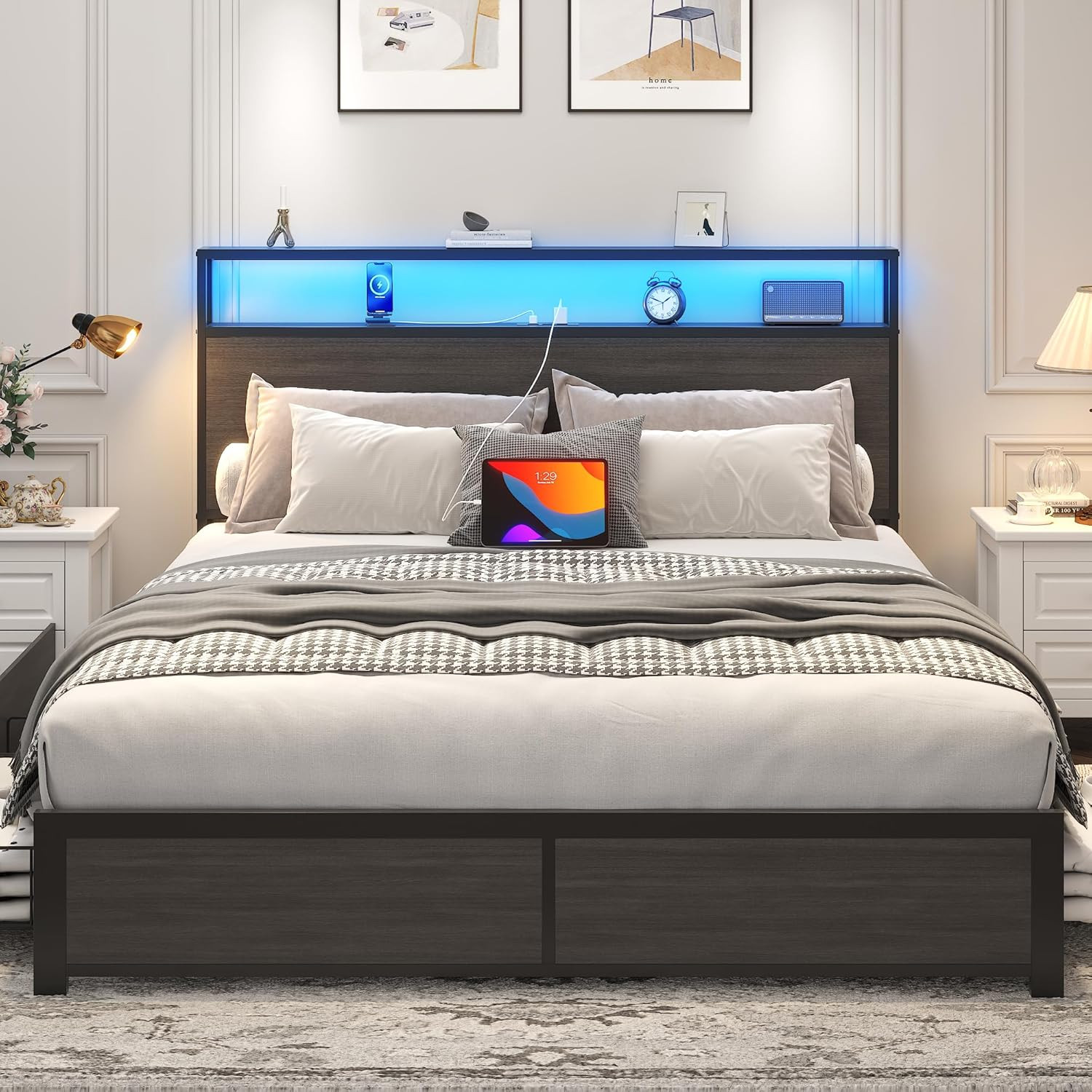 Rustic Grey Queen Bed Frame with Storage Headboard & Charging Station gallery