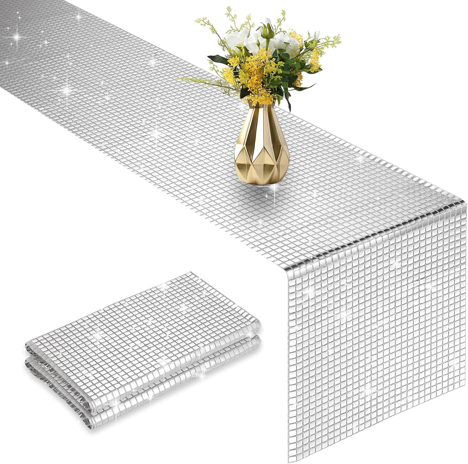 2 Packs 12X108 Inch Disco Table Runner Silver Glitter Foil Table for Bachelorett gallery