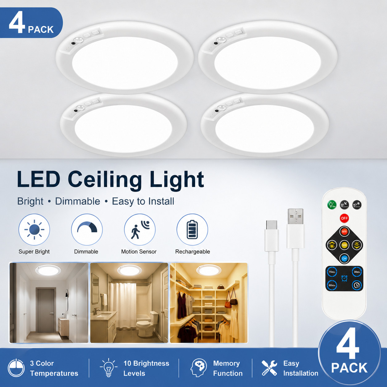 4 Pack Rechargeable Motion Sensor Ceiling Light 8000mAh Wireless Closet Light gallery