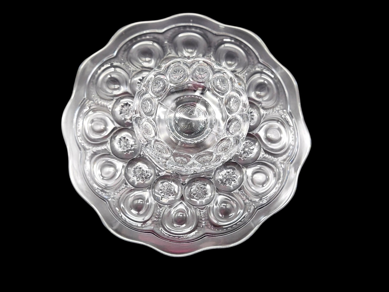 LE Smith Moon & Stars Cake Stand Clear Glass Scalloped Edge Vintage 4" Tall gallery