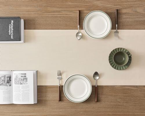 Linen Textured Border Table Runner, 14 x 48 Inch Farmhouse 14x48 Inch Cream gallery