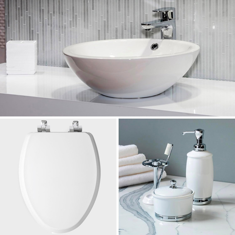 Bennett Toilet Seat with Chrome Hinges, Slow Close Wood Seat, Secure Metal Hinge gallery