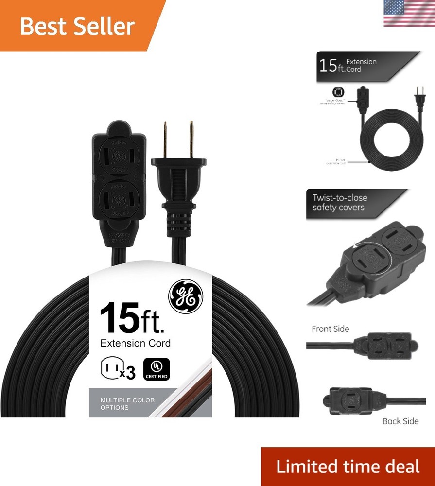 3-Outlet Extension Cord - 15 Ft, Black, Listed