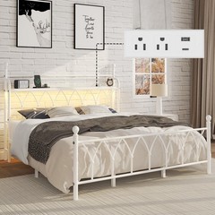 Queen Metal Bed Frame with Charging Station, Headboard storage space,LED Lights.