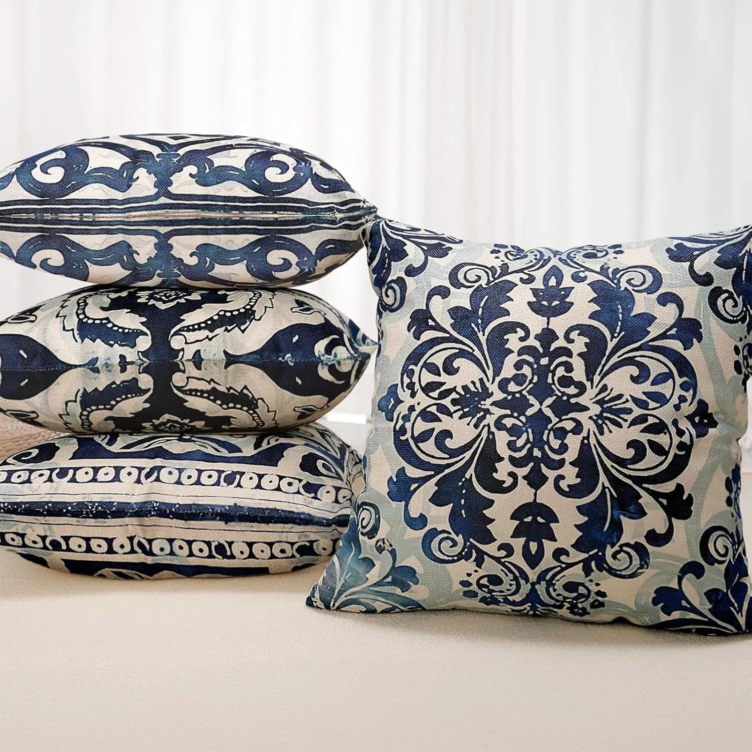 Vintage Blue and White Throw Pillow Covers 22x22 Set of 4, Retro Boho Ethnic Nav gallery