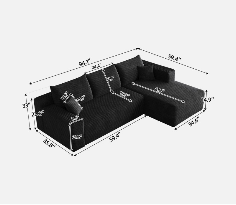 95" Boneless Couch Right Chaise L Shape Sectional Cloud Sofa Set for Living Room gallery