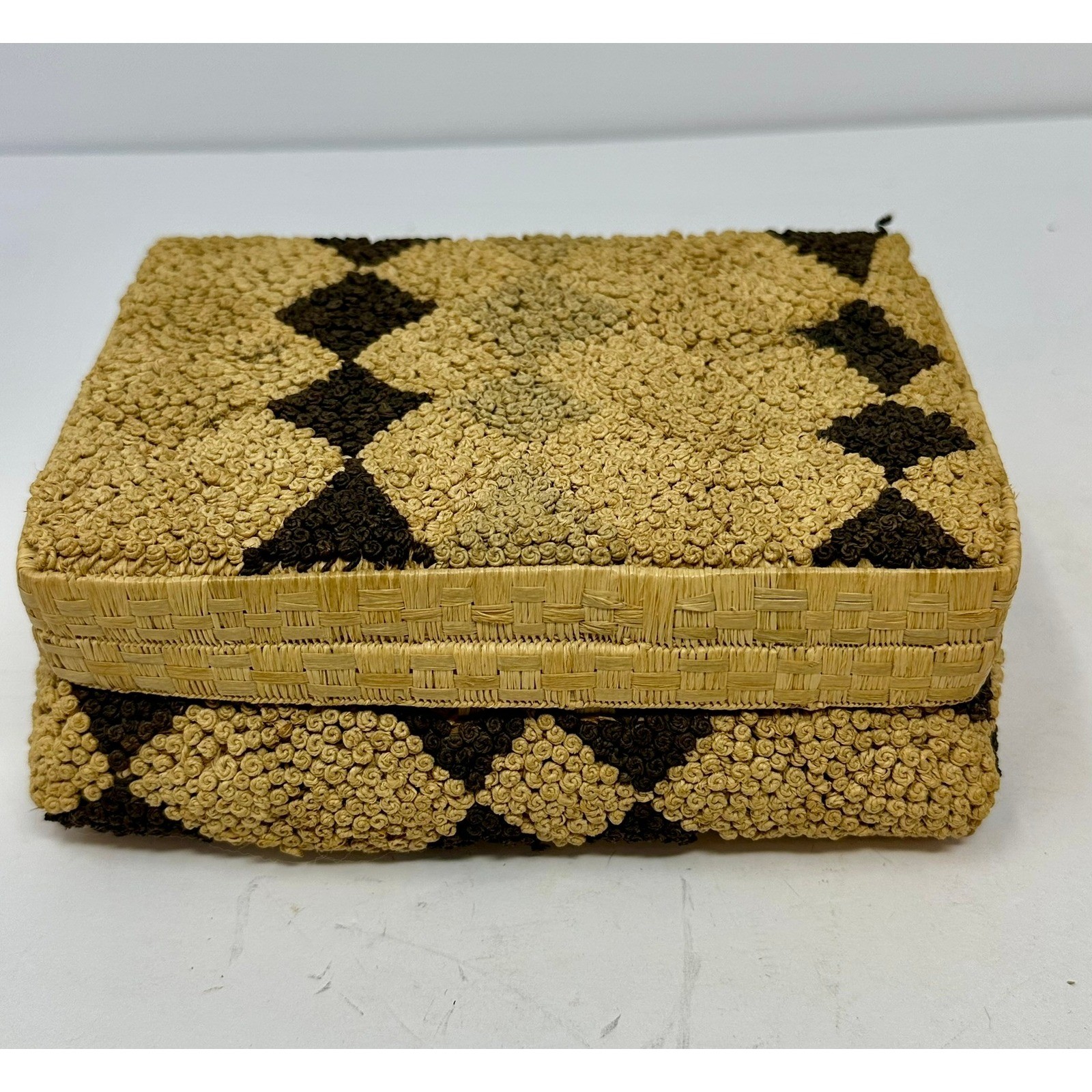Vintage Hand Woven Raffia Straw Decorative Box Diamond Pattern Boho Decor 6.5" gallery