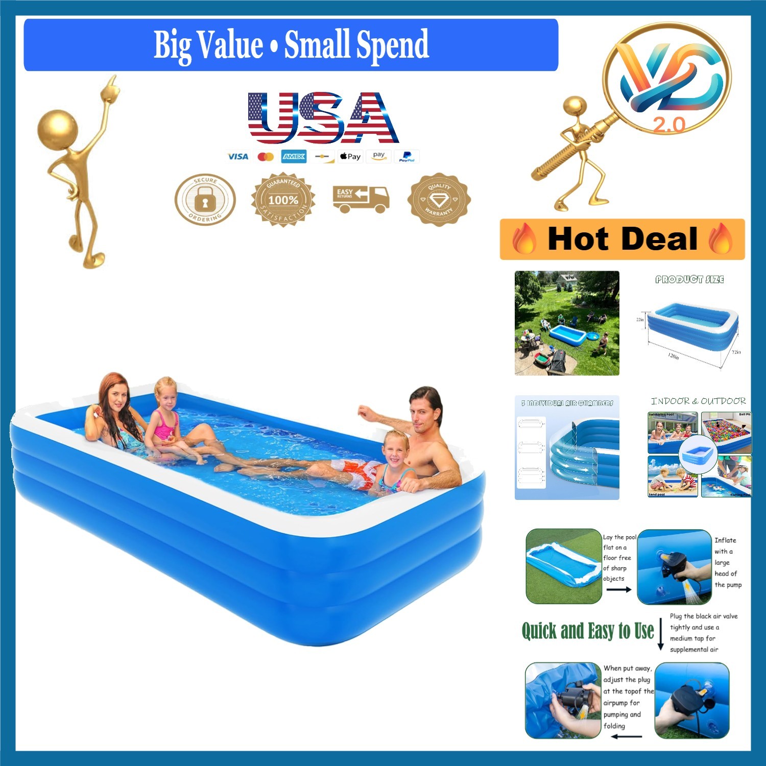 120x72x22 Inch Family Inflatable Pool for Kids & Adults Blue No Assembly Needed gallery