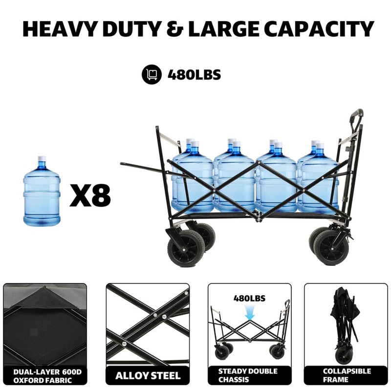 Lightweight Folding Wagon with 7" PP+PVC Wheels, 600D Fabric, Net, Great for gallery
