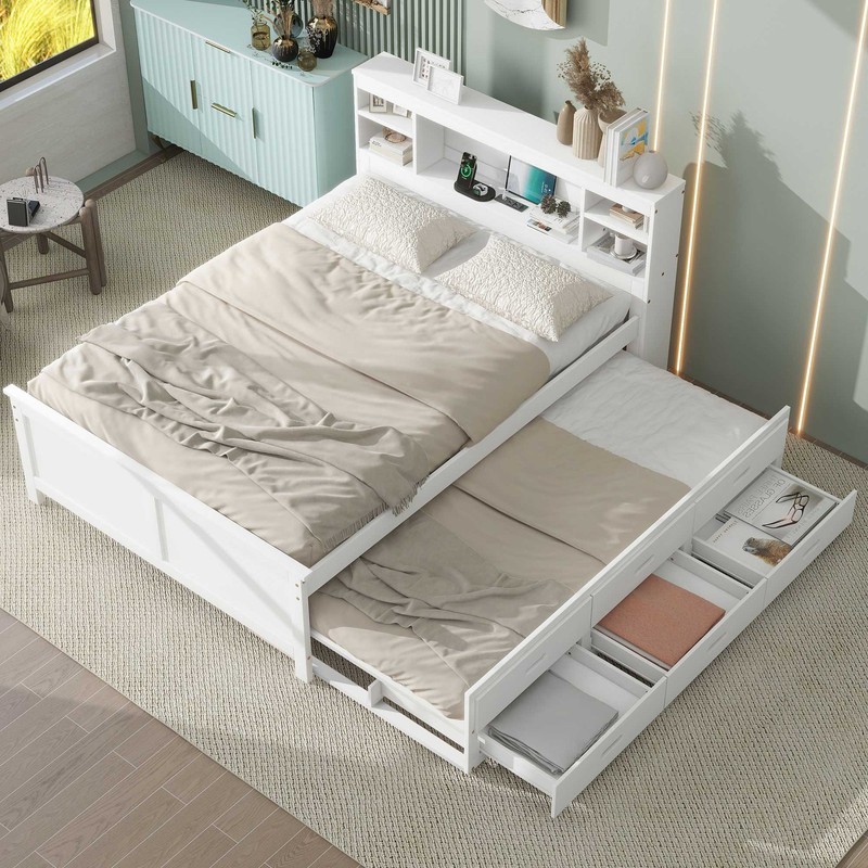 Full Size Platform Bed with Storage Headboard, USB, Twin Size Trundle and 3 Dr gallery
