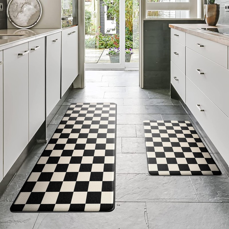 Beige Black Checkered Grid Checkerboard Kitchen Rug Sets [2 PCs], Anti gallery