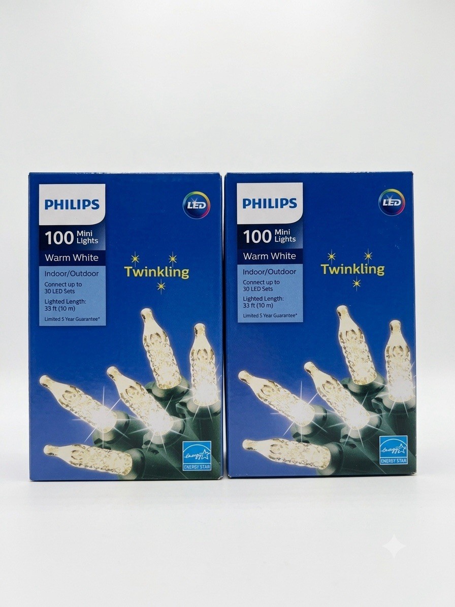 2Pack Philips 100 Mini Twinkling Warm White LED String Lights Indoor Outdoor 33f gallery