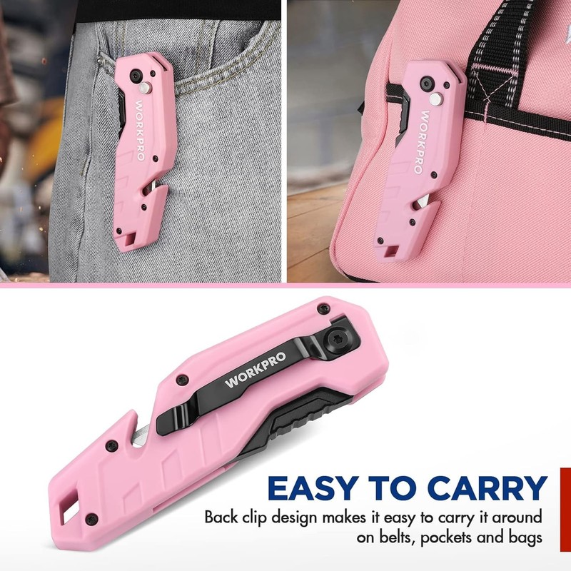 WORKPRO Folding Utility Knife Quick Change Box Cutter Pink Razor Knife 10 Blades gallery