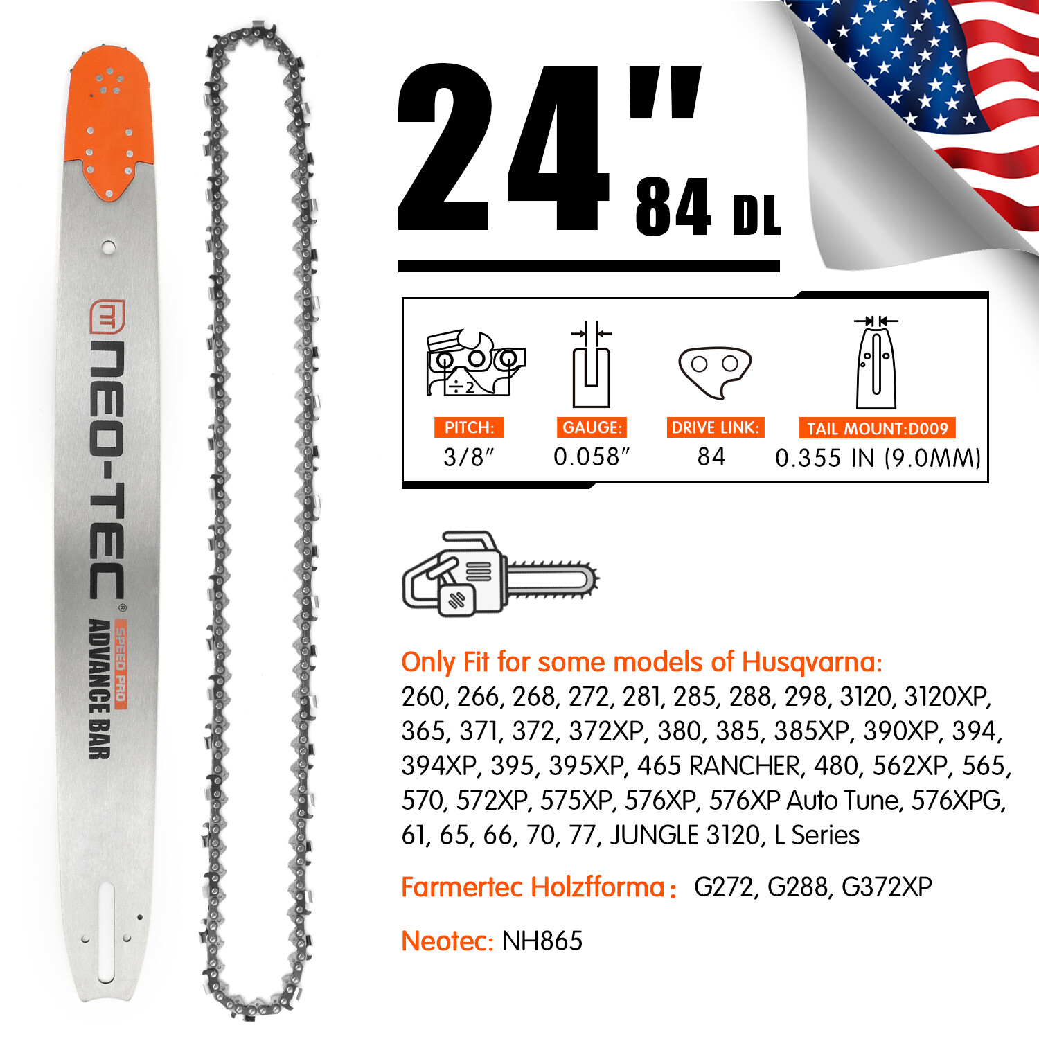 24" Chainsaw Guide Bar 3/8'' 0.058" 84DL Chain For Husqvarna 365 372 390 394 395 gallery