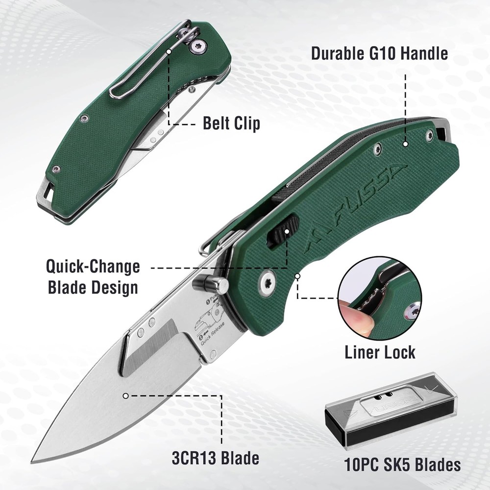 FLISSA Replaceable Blade Folding Knife 3-in-1 Pocket Hunting Knives G10 Handle
