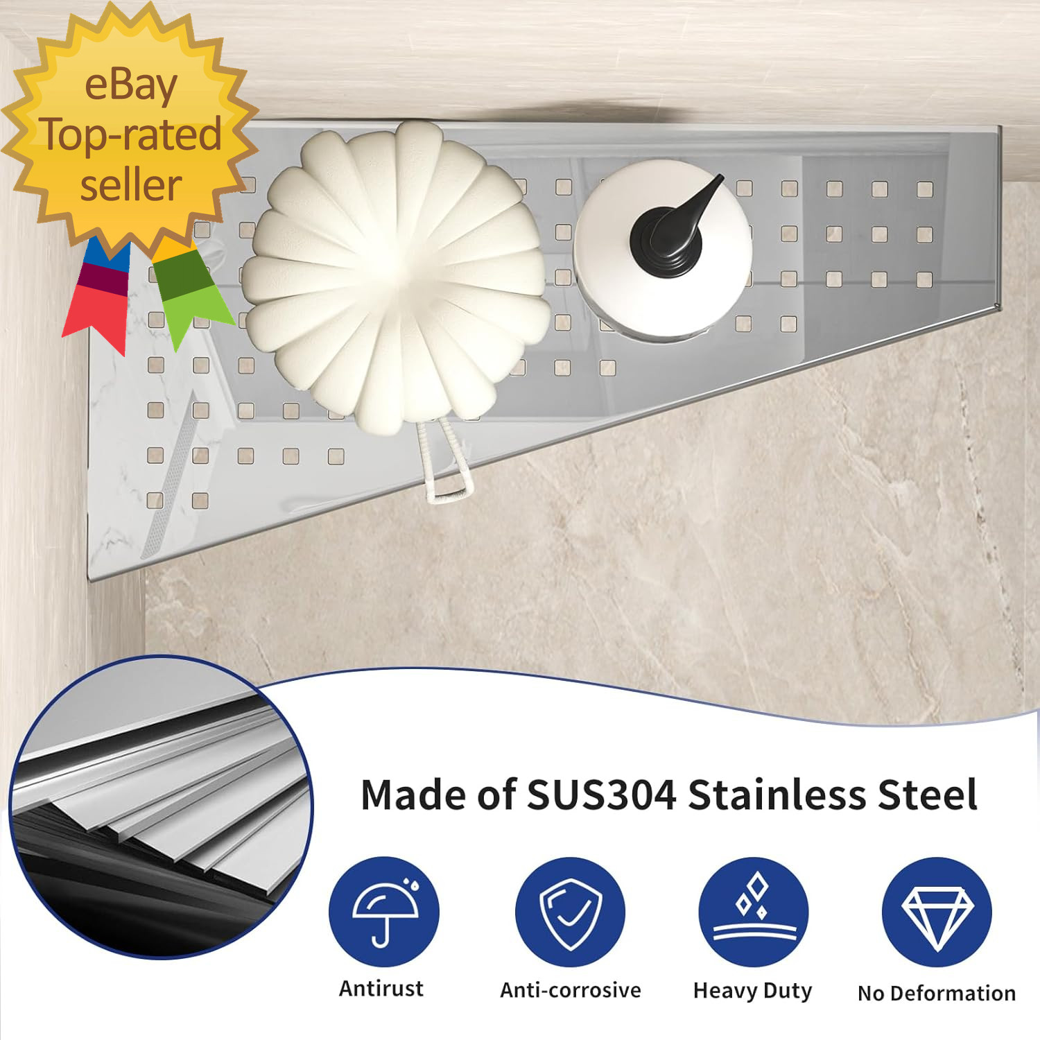 Corner Shower Shelf 12" Polished 304 Stainless Steel Recessed Trapezoid Grout gallery
