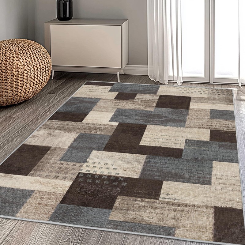 Qduidu Modern Geometric Patchwork Indoor Area Rug For Living Room Blue-Taupe 4X gallery