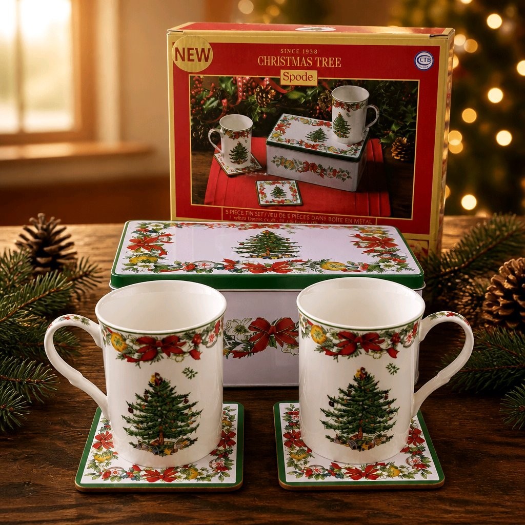 Spode Christmas Tree 5-Piece Set 2 Mugs, 2 Coasters, 1 Tin w/Lid New In Box gallery