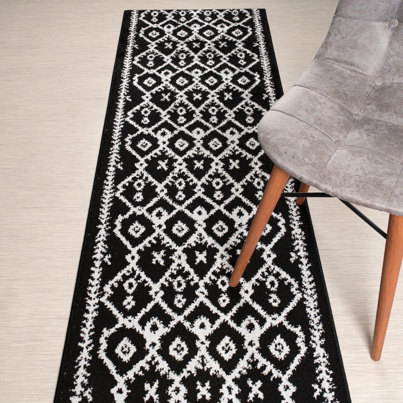 Custom Cut Washable Hallway Runner Rug Non Slip Rubber Backing, Black & Silver gallery