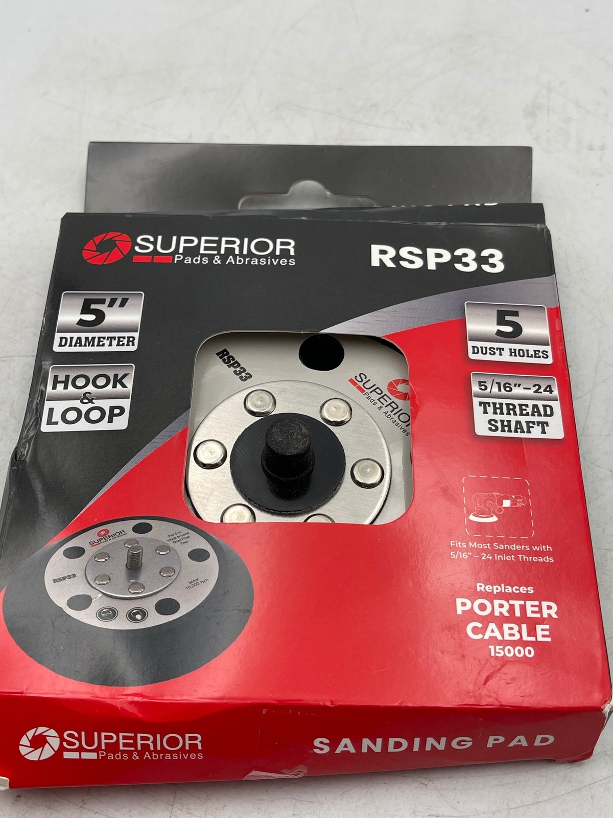 Superior RSP33 Sanding Pad 5in Diameter Hook Loop 5 Dust Holes 5/16-24 Shaft gallery