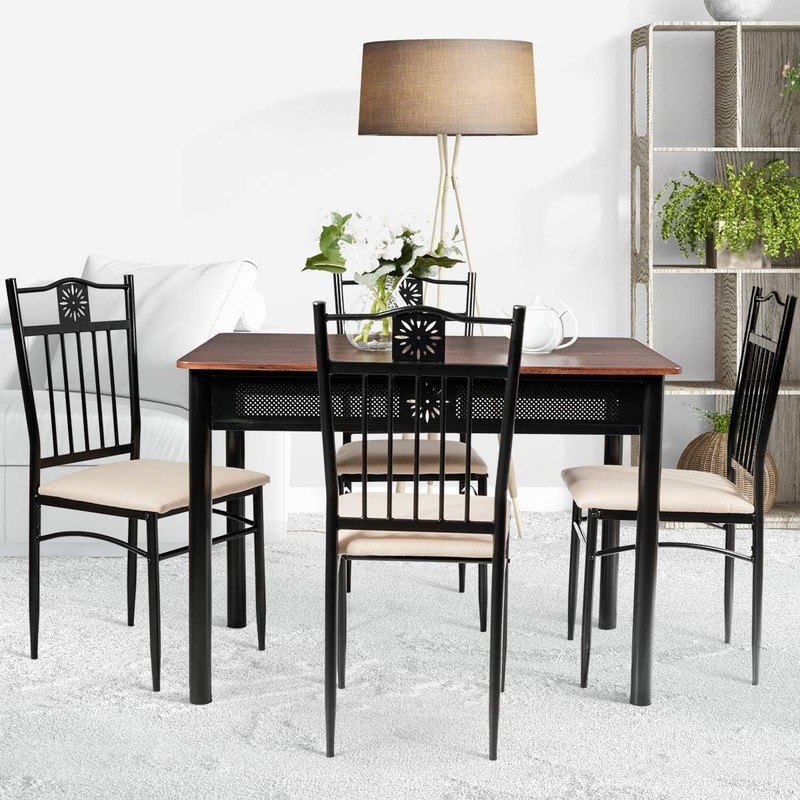 Sturdy Dining Table Set with Dark Brown Wood Top and Easy Assembly Instructions gallery