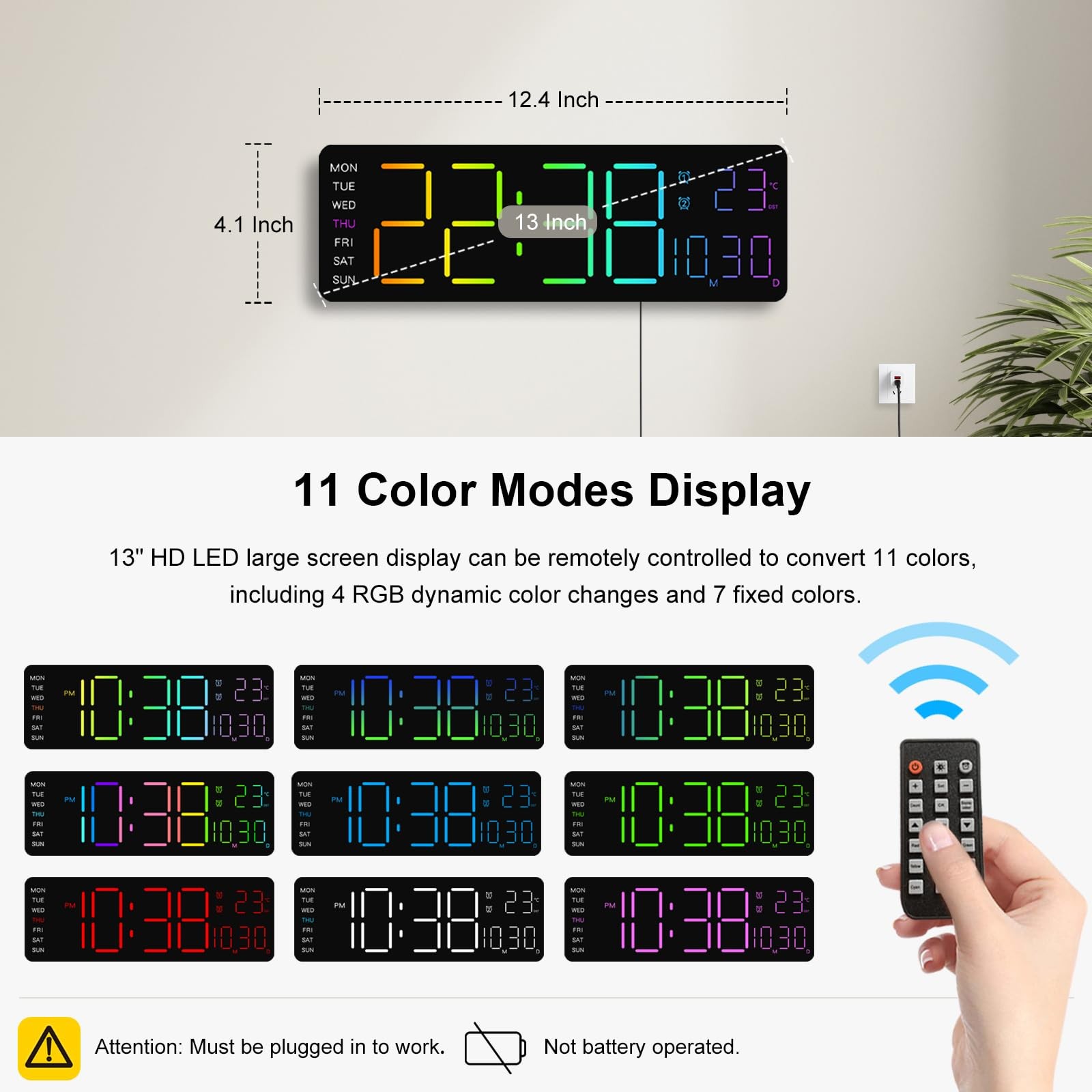 JoFomp LED Digital Clock Large Display with RGB Color Remote Control, 13" Lar... gallery