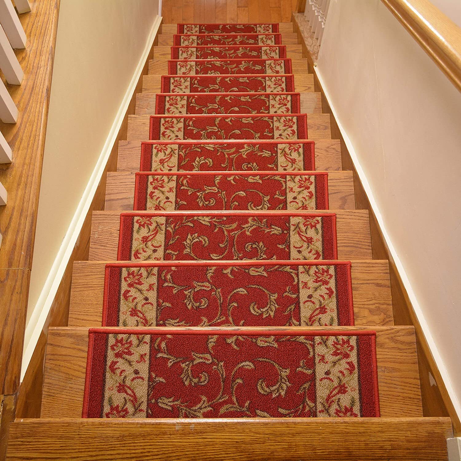 Rug Stair Patterned Tread Traditional Red Floral Anti-Bacterial Set-of-13 gallery