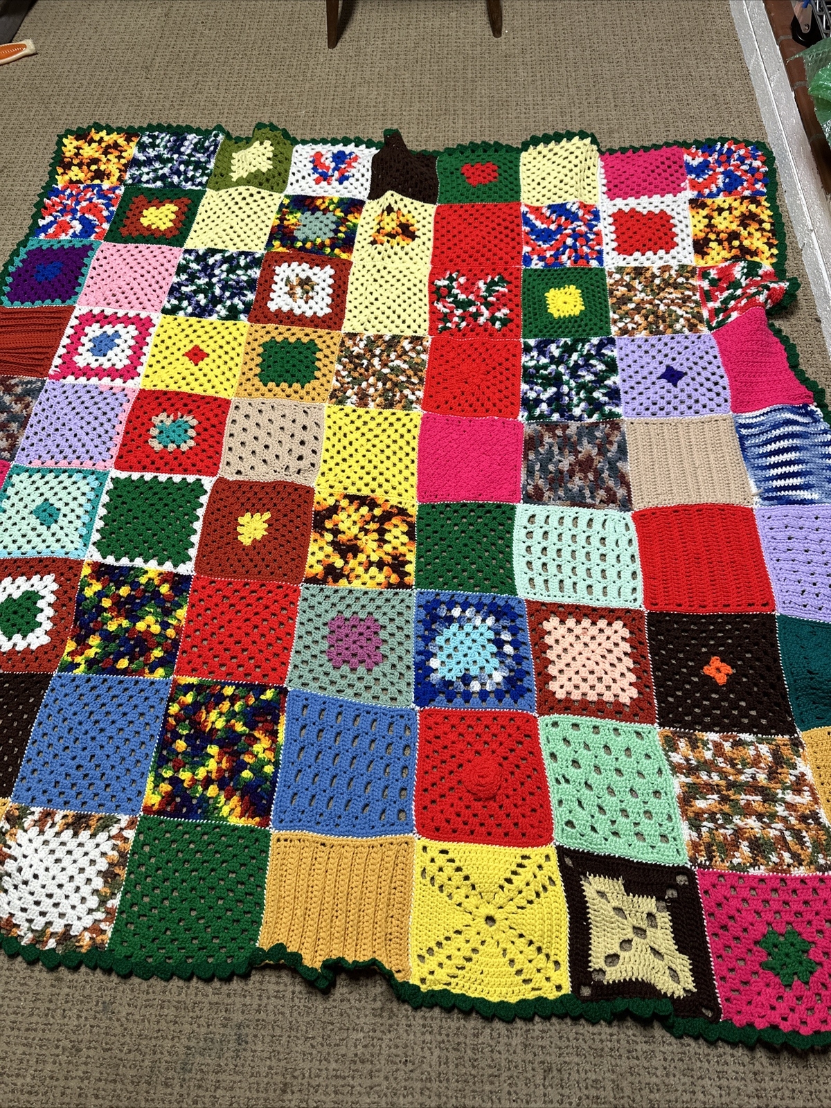 Vintage Granny Square Handmade Throw Blanket Hippie Knit Crochet 66 x 62 Roseann gallery