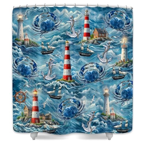 Nautical Lighthouse Shower Curtain, Blue Crab 69"W x 70"L (Pack of 1) Red Blue gallery