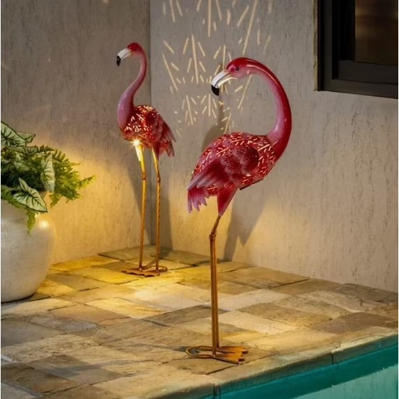 Evergreen Solar 35”H Large Solar LED Flamingo Metal Outdoor Set Garden Statue gallery
