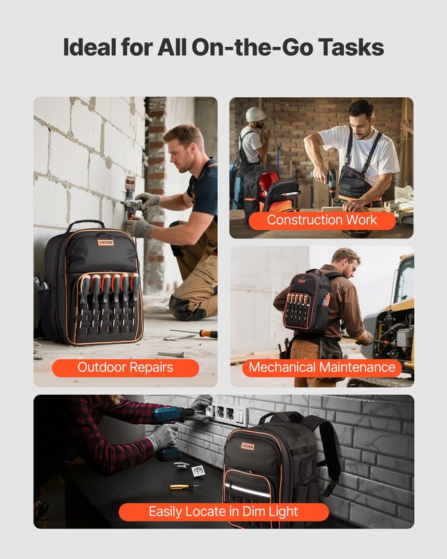 VEVOR Tool Backpack 49 Pockets Tear-resistant Jobsite Backpack for Electrician gallery