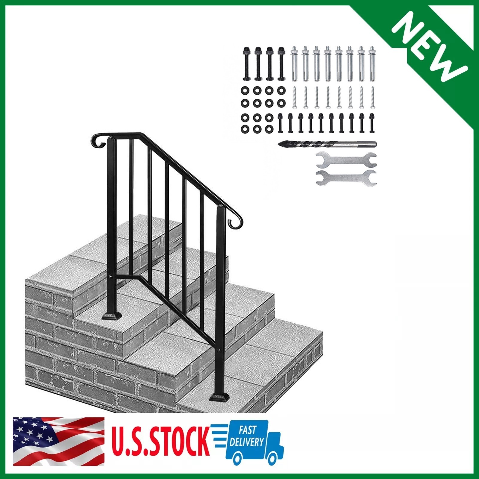 Wrought Iron Handrail Stair Railing Fit 2-3 Steps Adjustable Hand Rail Black gallery