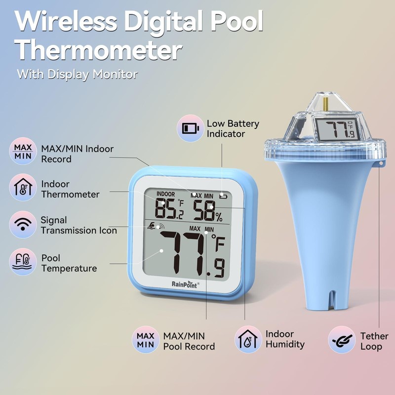RAINPOINT Wireless Digital Pool Thermometer, Floating, Anti-Fog 360° LCD Display gallery