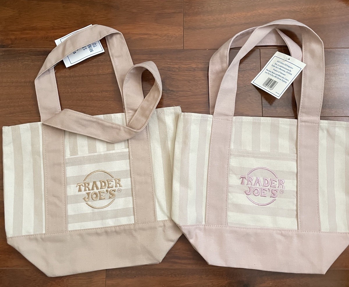 NWT Trader Joe’s Mini Stripe Canvas Tote Bag Pink Beige LE Set Of 2 ✅✅ gallery