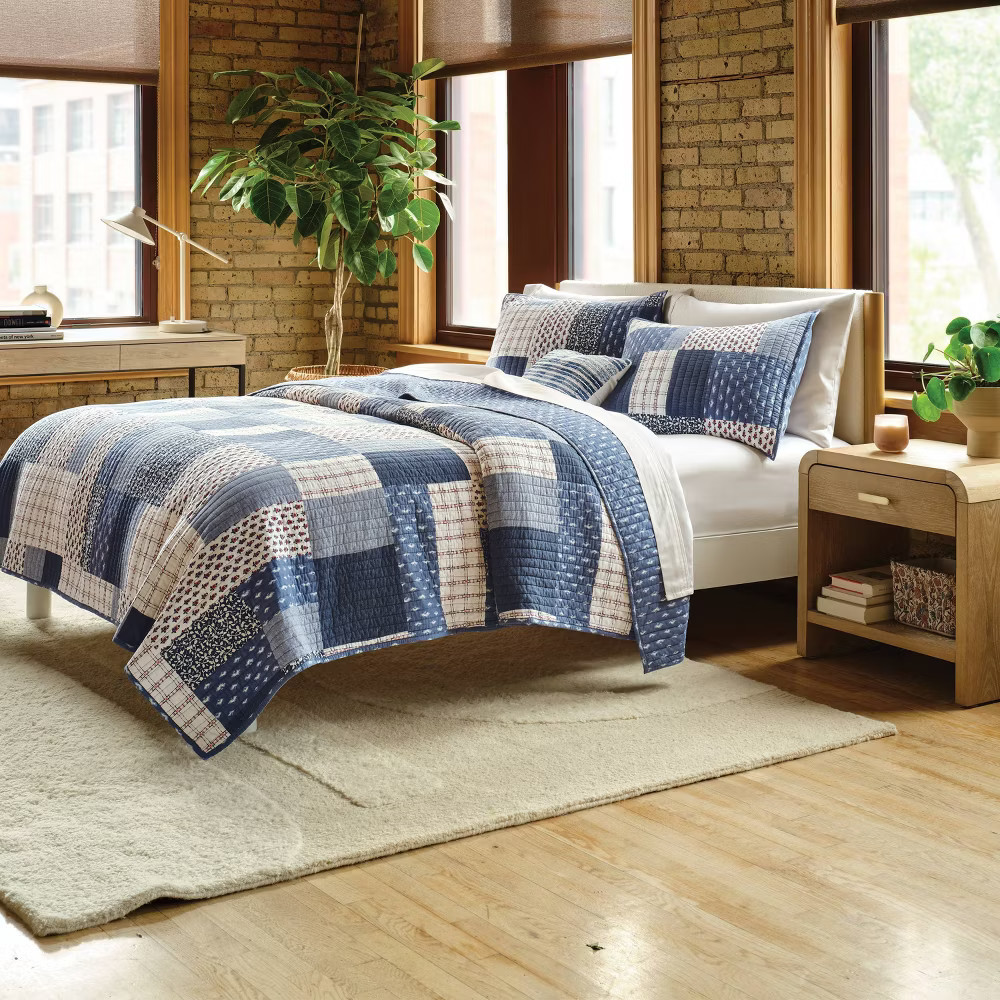Full/Queen Patchwork Quilt Set Blue/Dark Blue/Natural - Threshold gallery