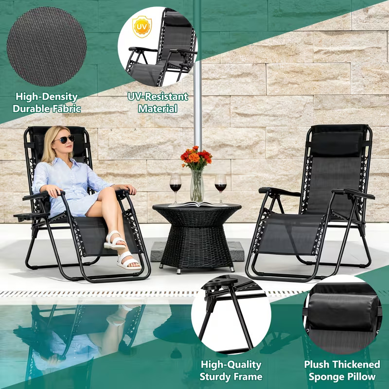 2PCS Zero Gravity Recliner Chair Foldable Outdoor Patio Lounge with Cupholder gallery
