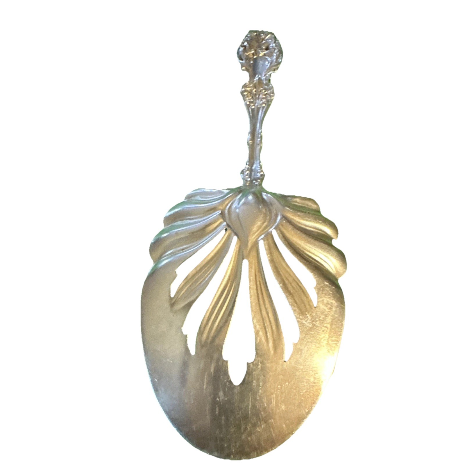 Victorian Whiting Sterling Silver Pierced Serving Spoon. Lily patterned Handle. gallery