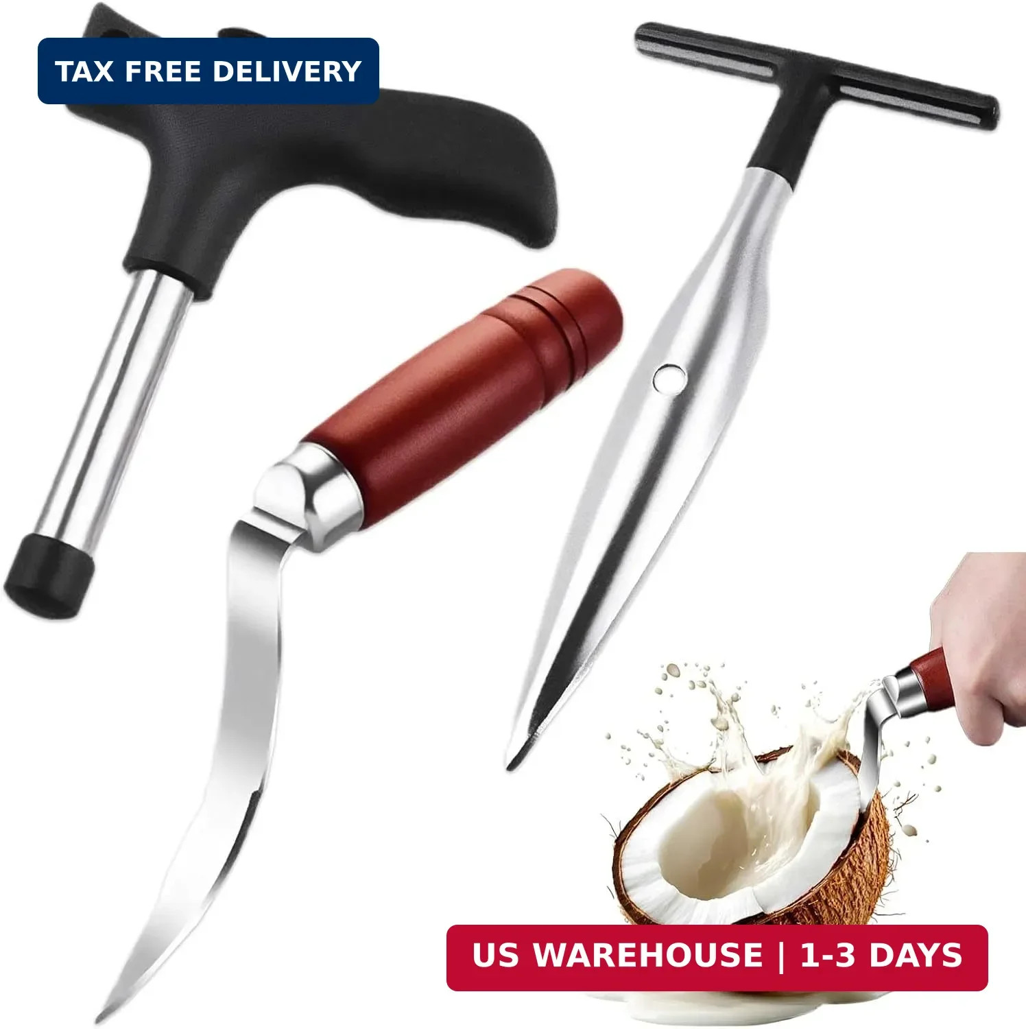 3 PCS Coconut Opener Tool Set, Stainless Coconut Meat Remover Peeler Cutter &... gallery