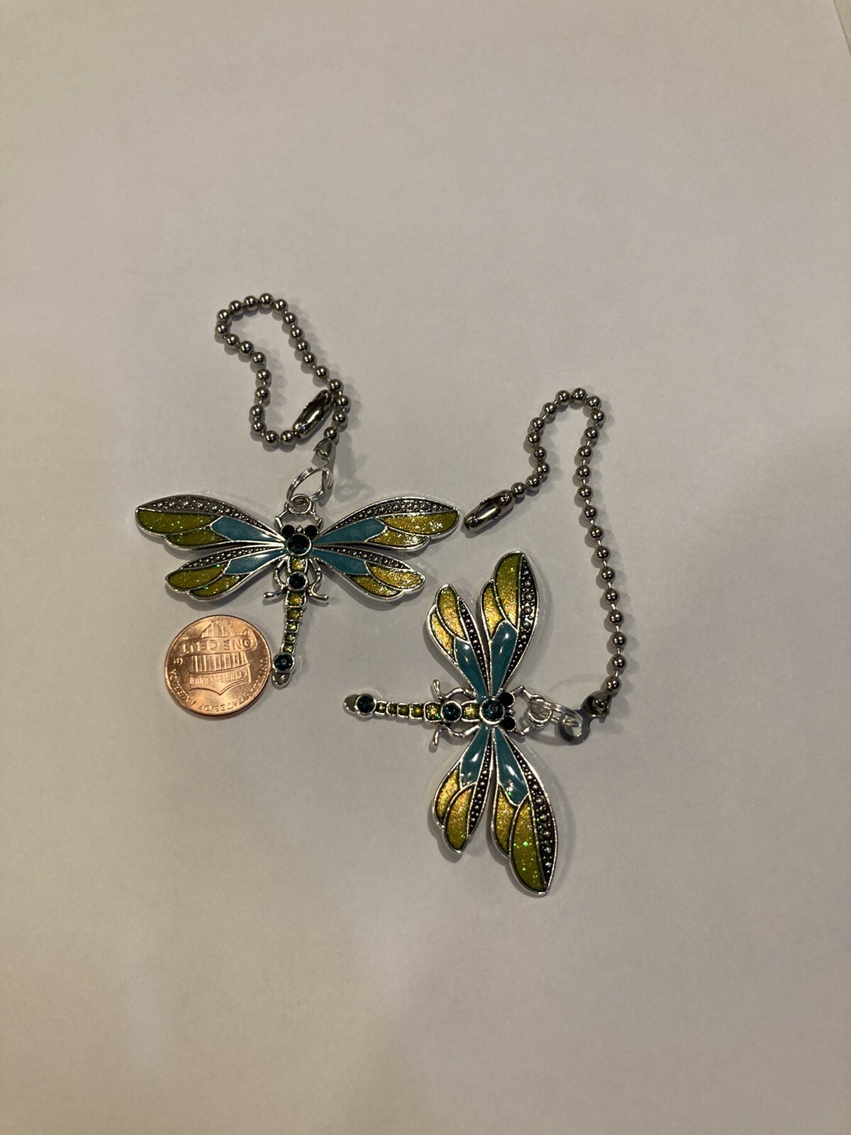 DRAGONFLY ANTIQUE SILVER GREEN CEILING FAN CHAIN LIGHT SWITCH PULL LARGE PAIR gallery