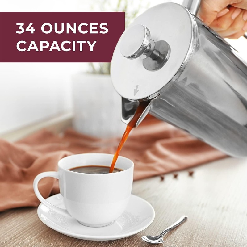 French Press Coffee Maker Stainless Steel Insulated Coffee Press 1000ml Silver gallery