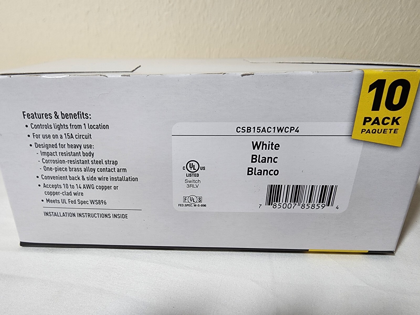 10 Pack Pass & Seymour CSB15AC1WCP4 Toggle Switches 15A 120 277VAC 1 Pole White gallery