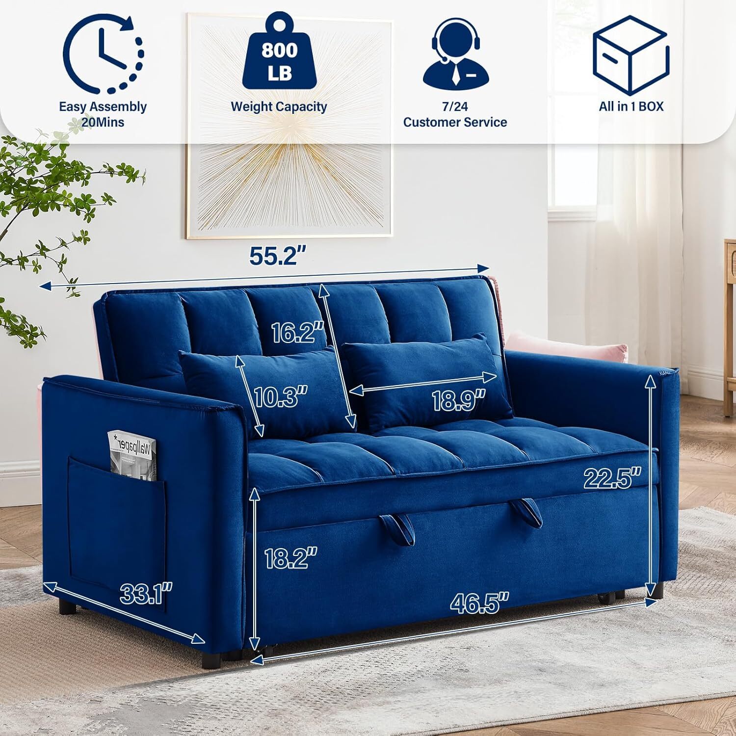 3 in 1 Convertible Sleeper Sofa Bed, Velvet Pull Out Futon Couch gallery