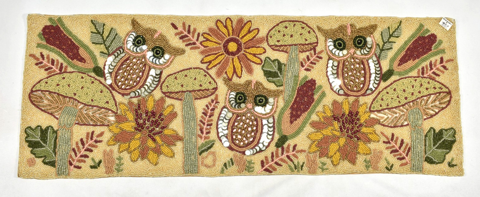 World Market Beaded Table Runner Owl Leaves Mushrooms Botanical Multi 13x36 NEW gallery