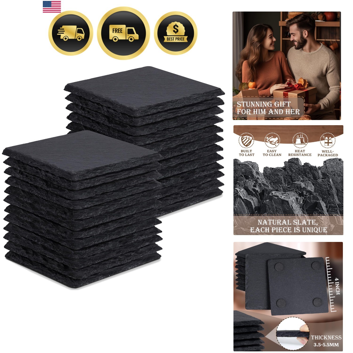 24 Pieces Slate Drink Coasters, 4 Inch Black Coasters Stone Coaster Set, Lase... gallery