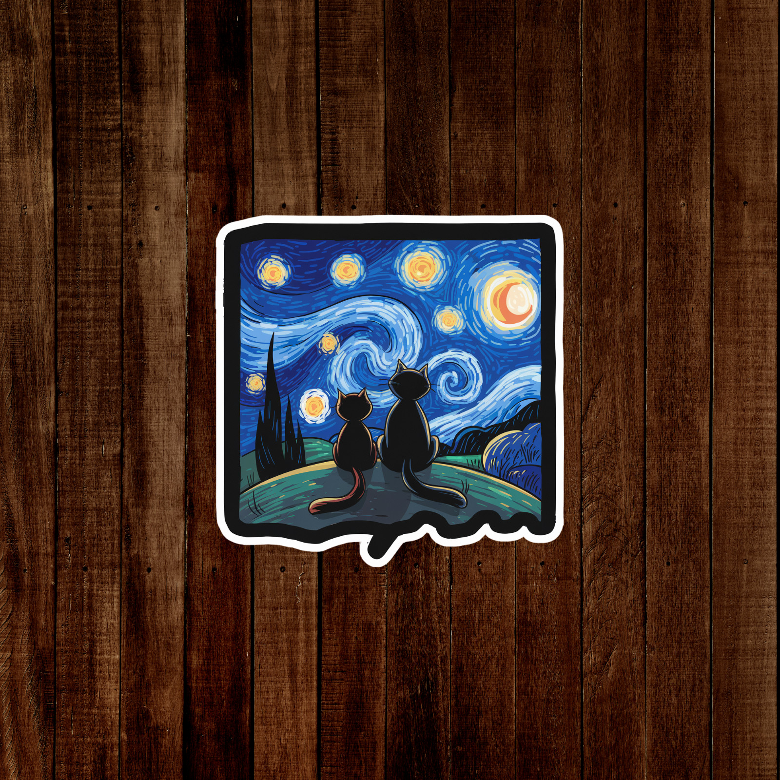 Starry Night Cats Art Sticker - Van Gogh Inspired Feline Fantasy Decal #1565 gallery