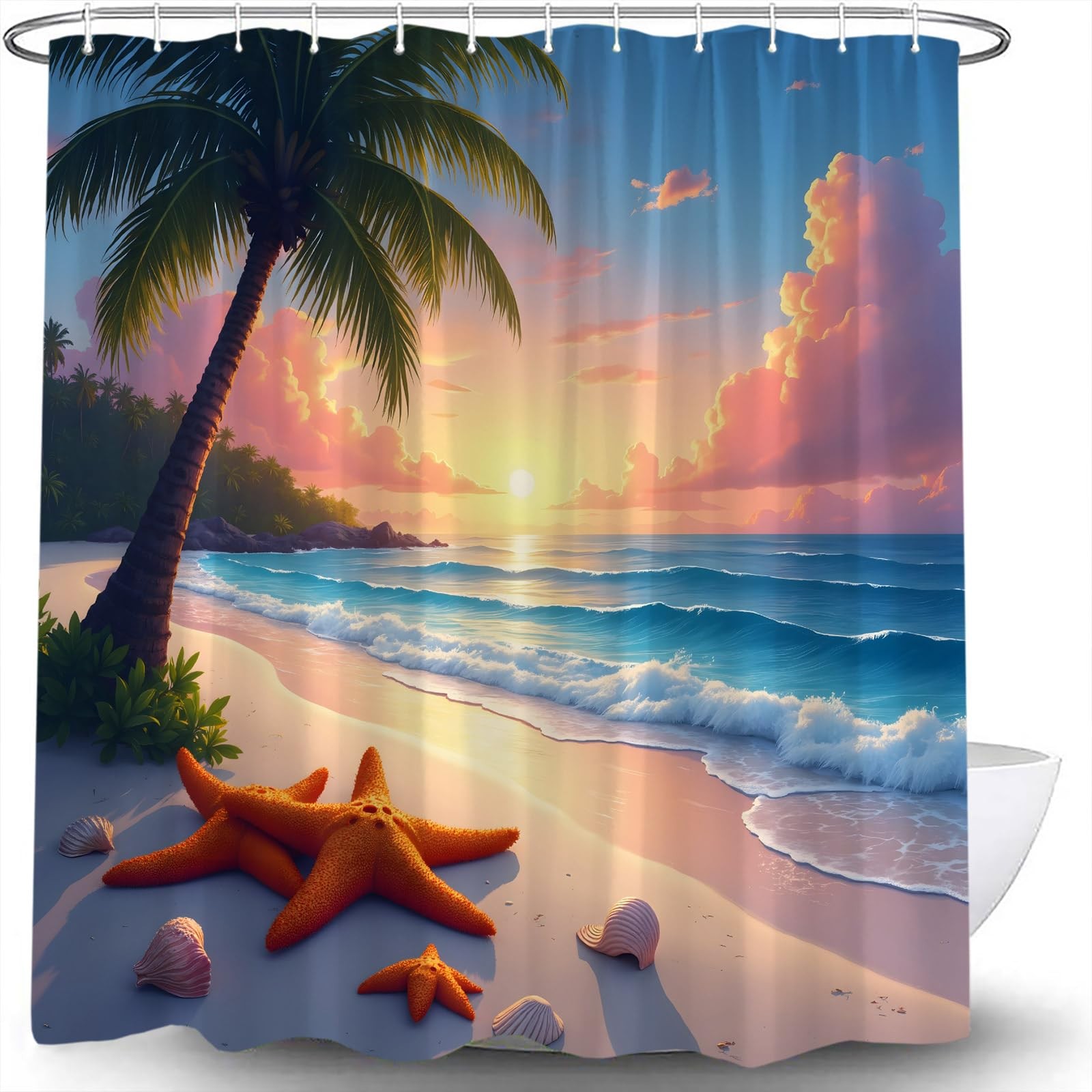Beach Design Shower Curtain, Sunset, Landscape, Tropical Palm Tree, Sea gallery