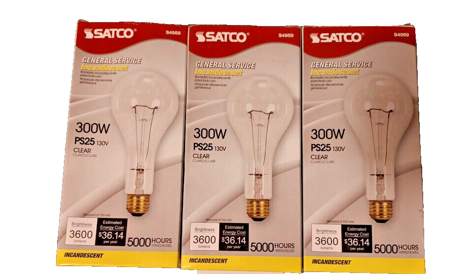 3 PACK Satco 300W General Service PS25 Clear Standard Base Bulbs 130V LB23 gallery