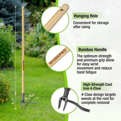 WORKPRO Weed Puller Tool Heavy-Duty 4-Claw Cast Iron Head Stand-Up Weeder USA gallery