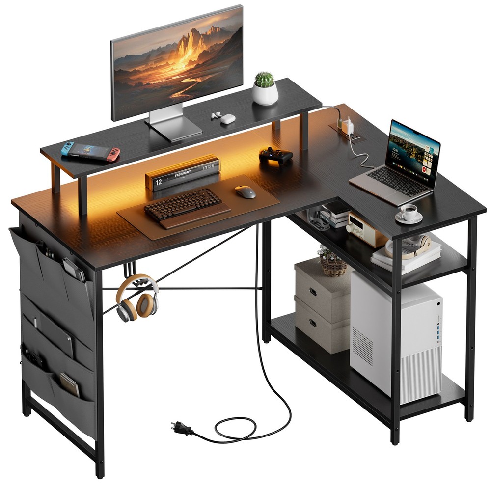 L Shaped Computer Desk with LED Light & Power Outlets, Corner Desk with Side Bag